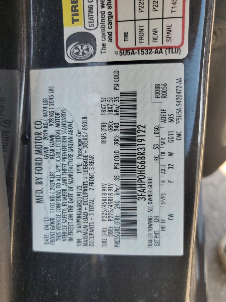 2011 Ford Fusion Se VIN: 3FAHP0HG6BR319122 Lot: 62419265