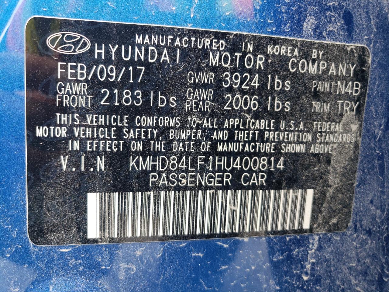 2017 Hyundai Elantra Se VIN: KMHD84LF1HU400814 Lot: 62653555