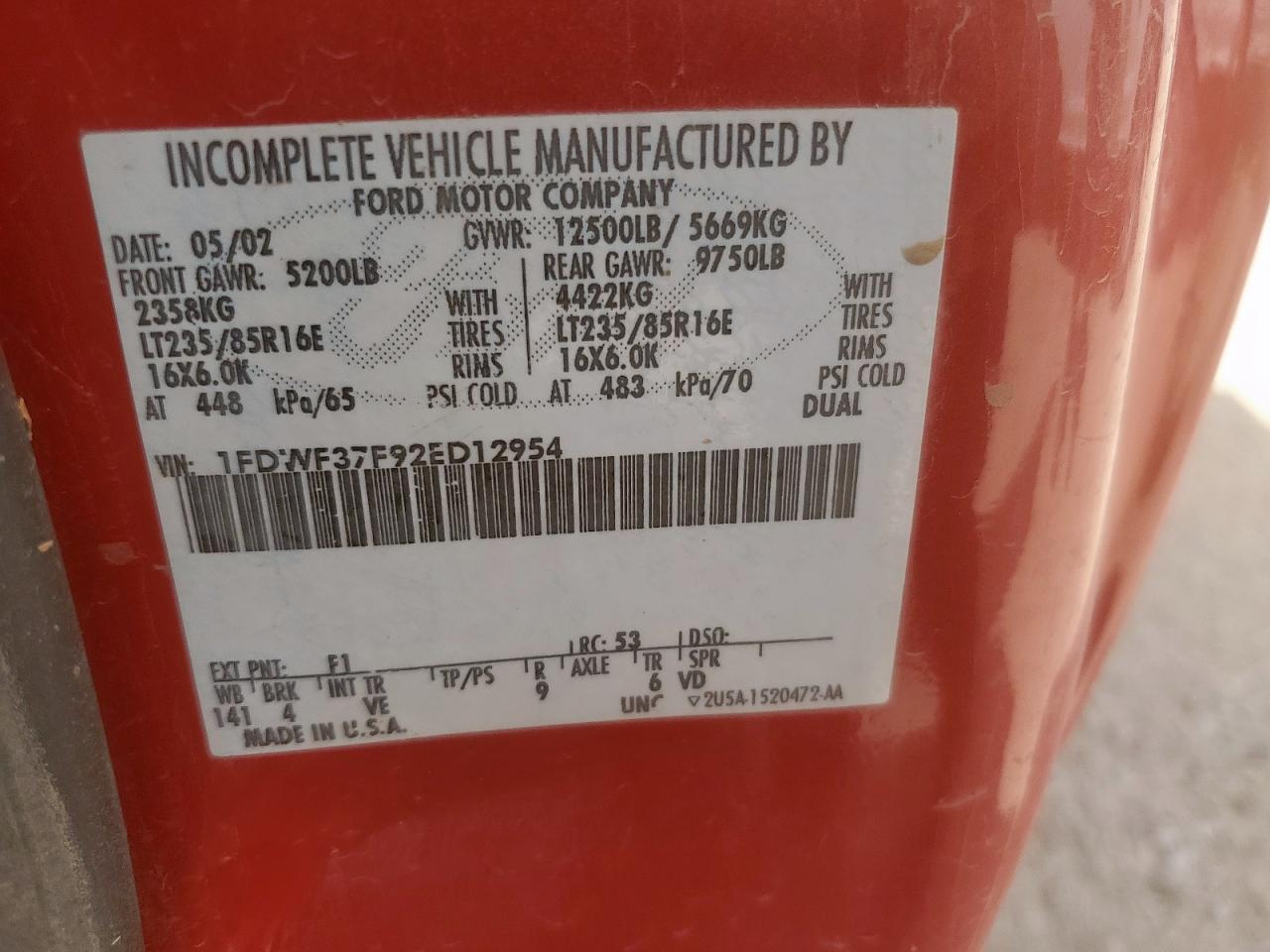 2002 Ford F350 Super Duty VIN: 1FDWF37F92ED12954 Lot: 62169905