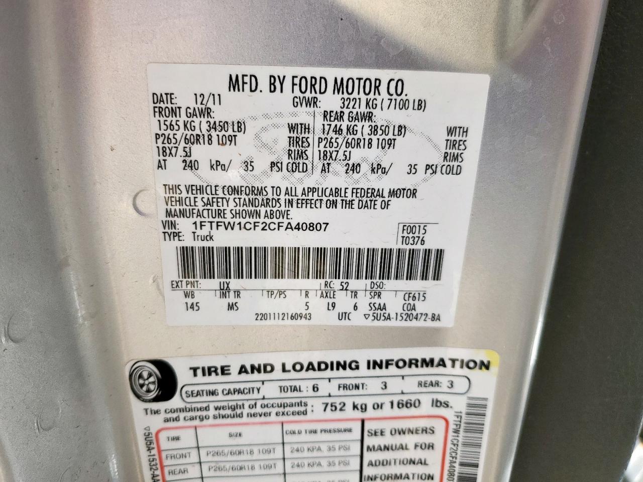 2012 Ford F150 Supercrew VIN: 1FTFW1CF2CFA40807 Lot: 61477675