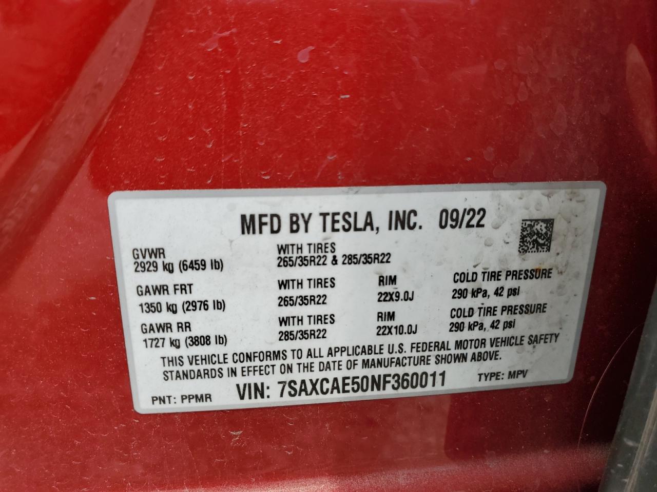 2022 Tesla Model X VIN: 7SAXCAE50NF360011 Lot: 60515945