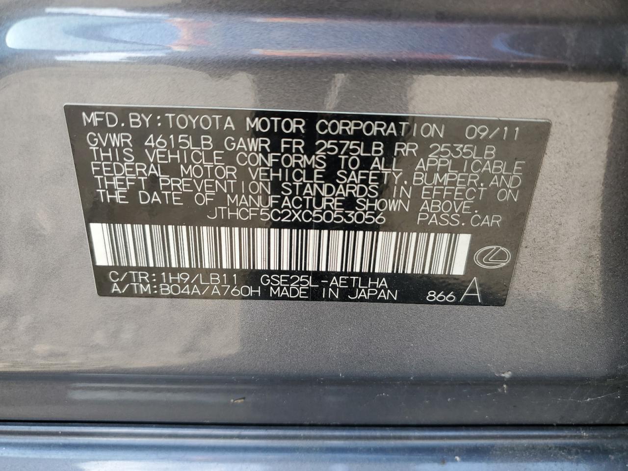2012 Lexus Is 250 VIN: JTHCF5C2XC5053056 Lot: 61068465