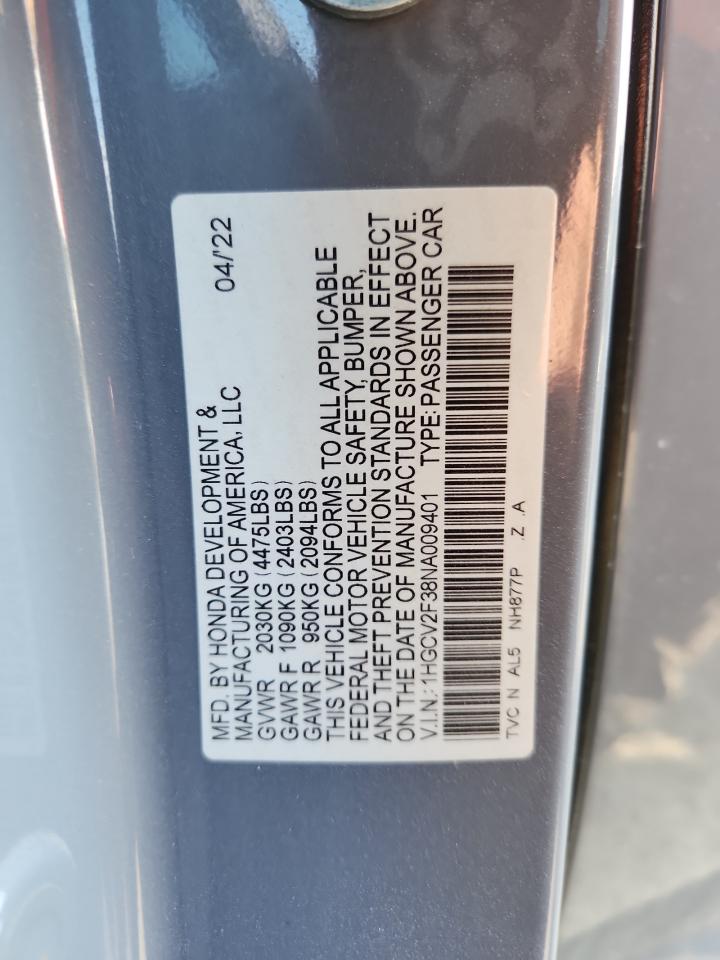 2022 Honda Accord Sport VIN: 1HGCV2F38NA009401 Lot: 62104885