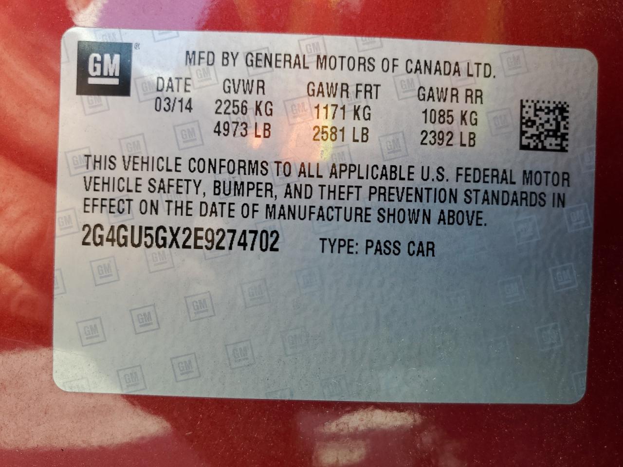 2014 Buick Regal Gs VIN: 2G4GU5GX2E9274702 Lot: 62885135