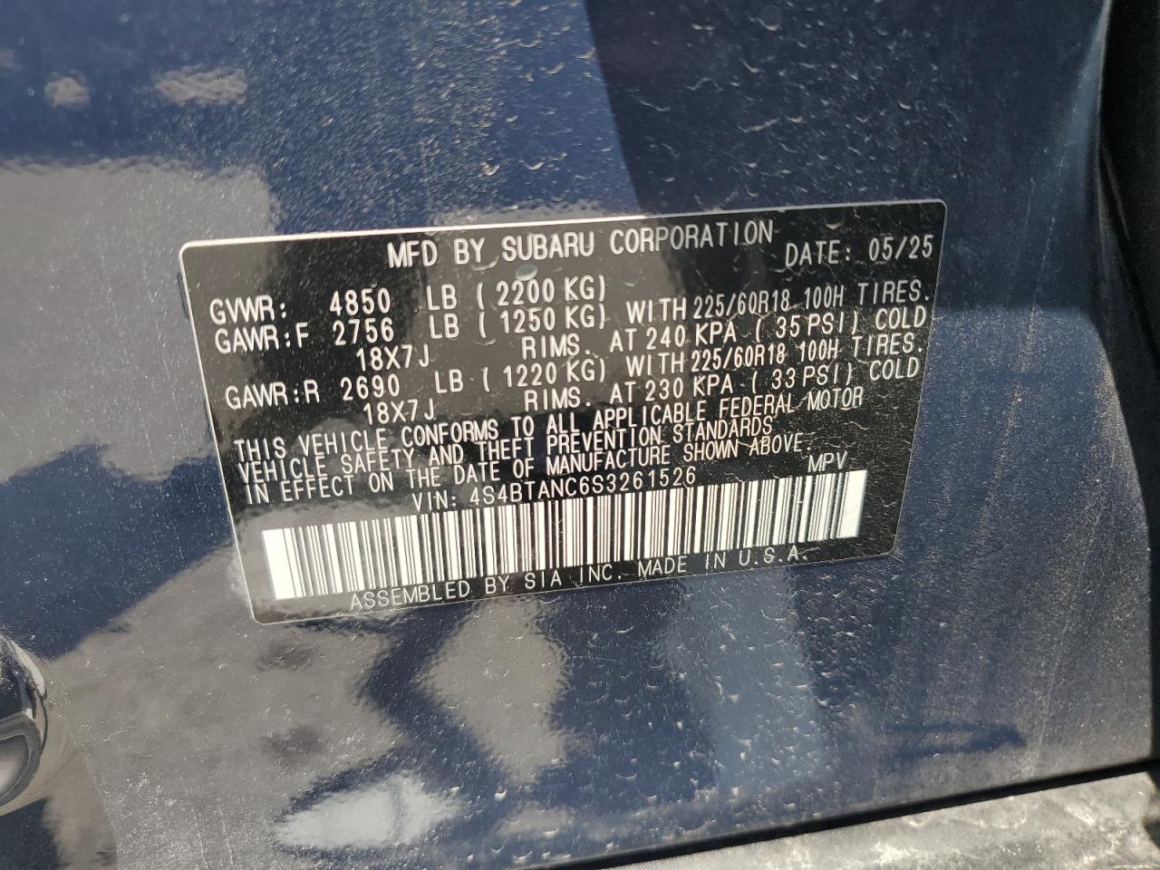 2025 Subaru Outback Limited VIN: 4S4BTANC6S3261526 Lot: 62854045