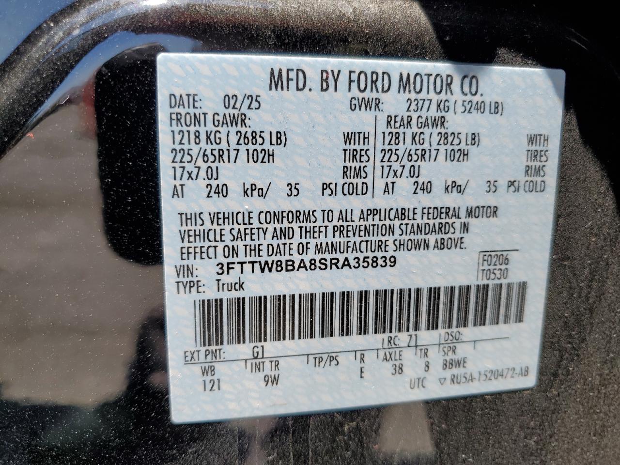 2025 Ford Maverick Xl VIN: 3FTTW8BA8SRA35839 Lot: 60734875
