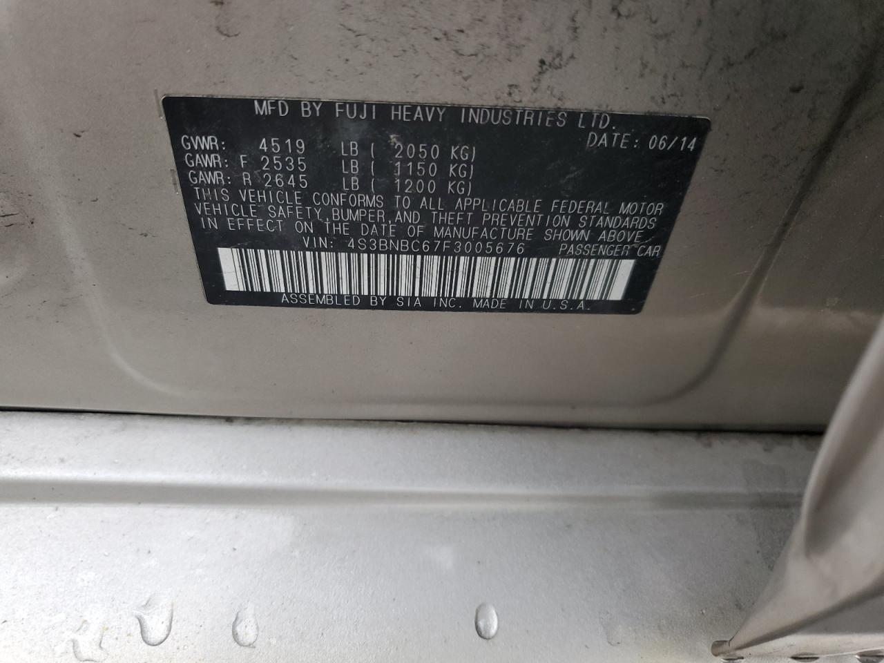 2015 Subaru Legacy 2.5I Premium VIN: 4S3BNBC67F3005676 Lot: 63143495