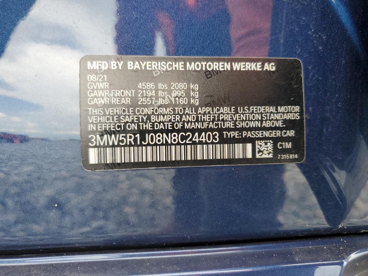 2022 BMW 330I VIN: 3MW5R1J08N8C24403 Lot: 59592785