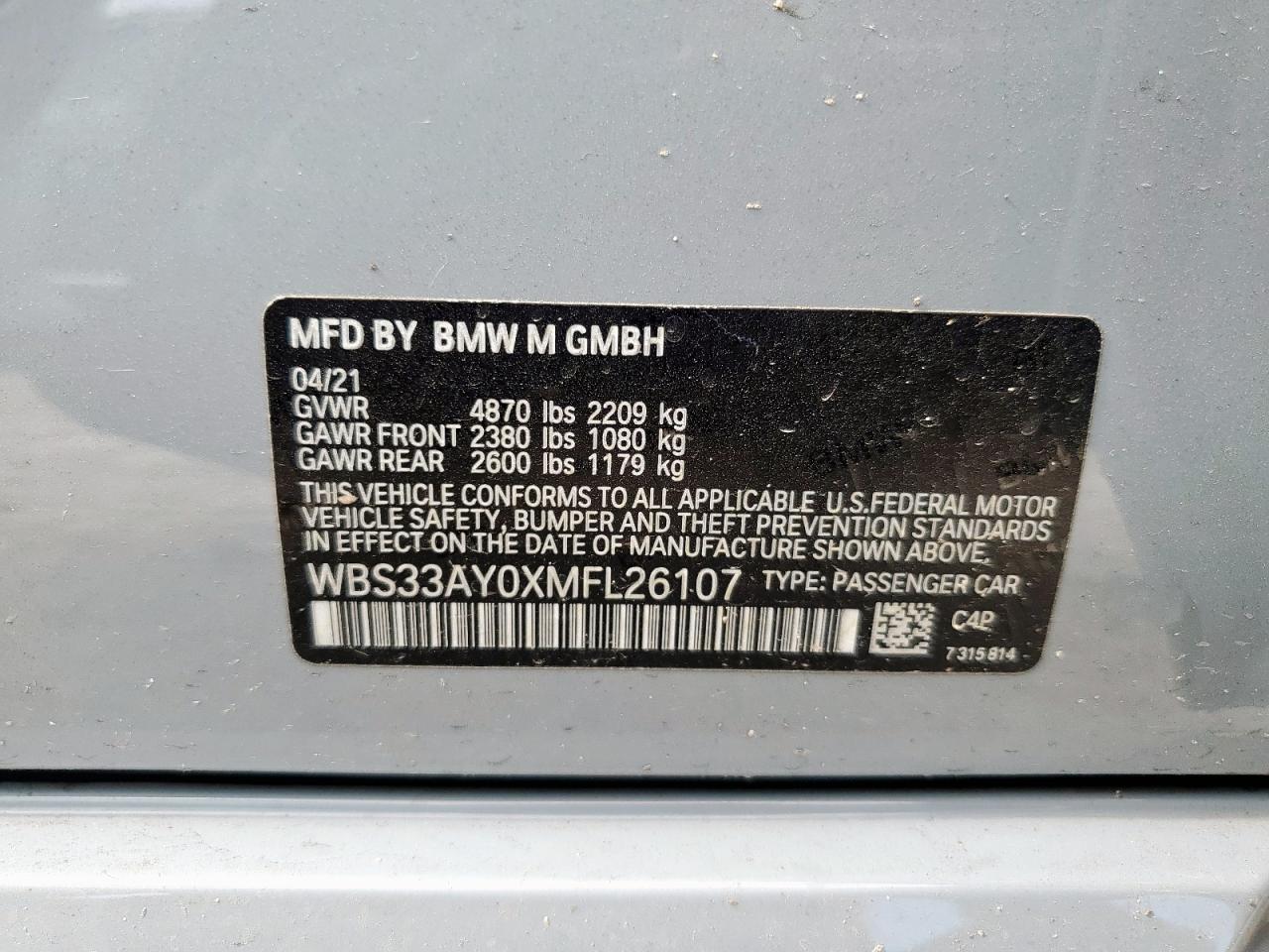 2021 BMW M3 Competition VIN: WBS33AY0XMFL26107 Lot: 62080045