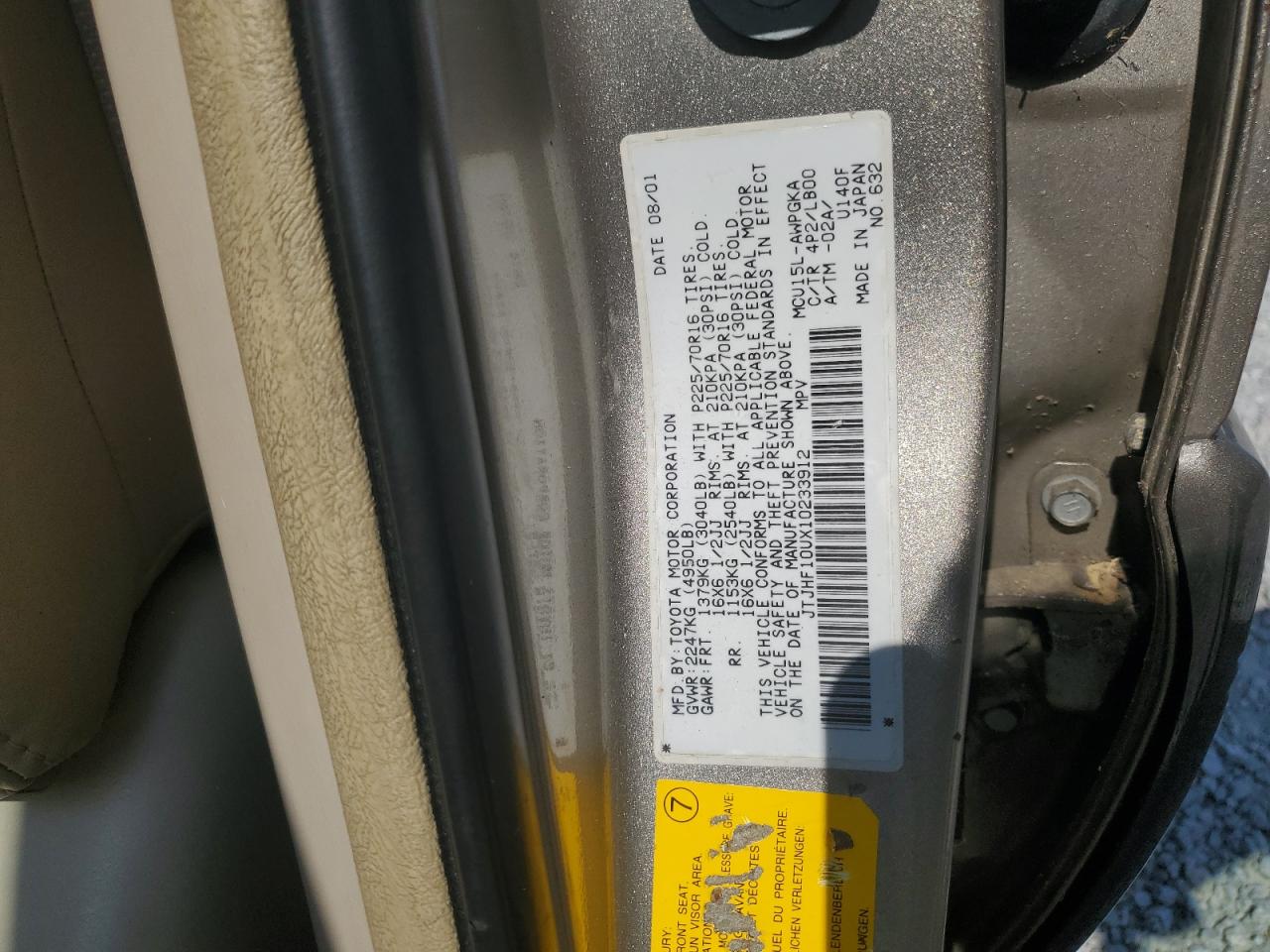 2001 Lexus Rx 300 VIN: JTJHF10UX10233912 Lot: 62831495