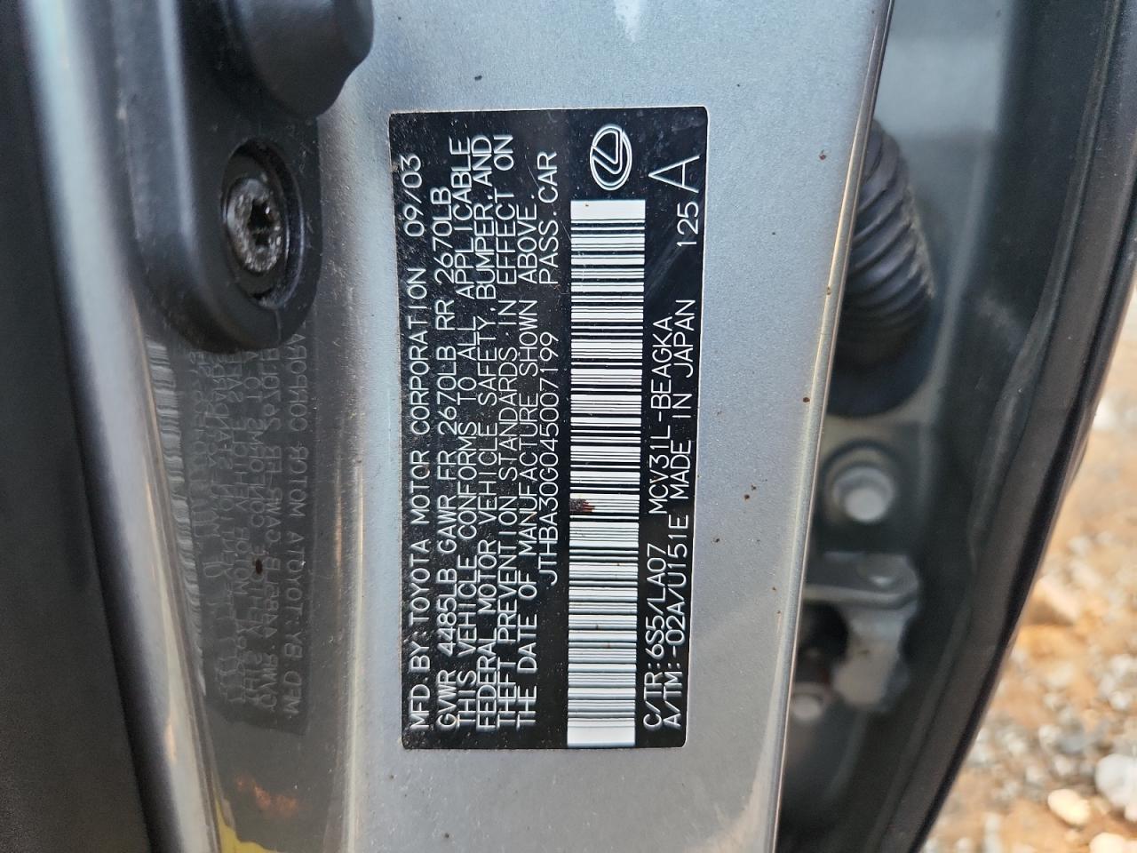 2004 Lexus Es 330 VIN: JTHBA30G045007199 Lot: 62934715