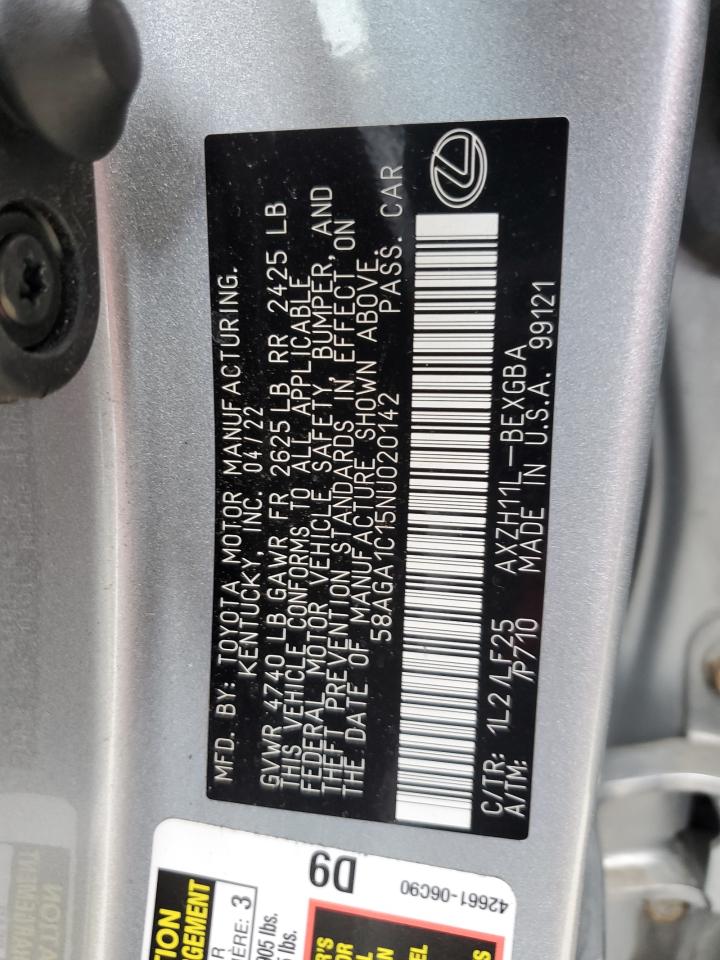 2022 Lexus Es 300H Base VIN: 58AGA1C15NU020142 Lot: 60087575