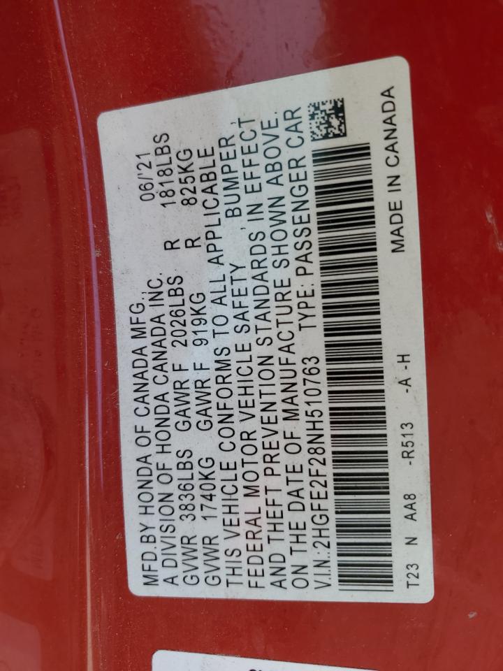 2022 Honda Civic Lx VIN: 2HGFE2F28NH510763 Lot: 61783755