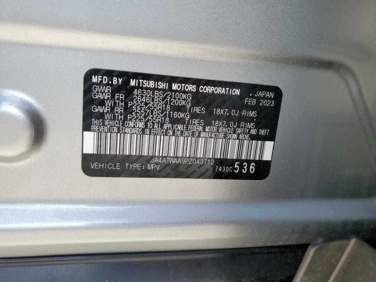 2023 Mitsubishi Eclipse Cross Se VIN: JA4ATWAA9PZ043712 Lot: 62987795