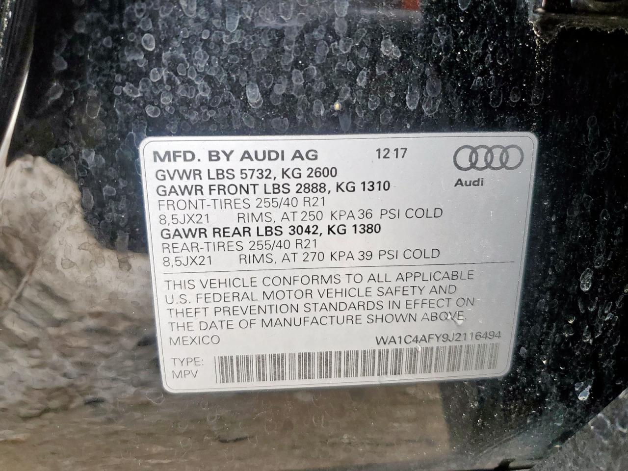 2018 Audi Sq5 Prestige VIN: WA1C4AFY9J2116494 Lot: 61028685