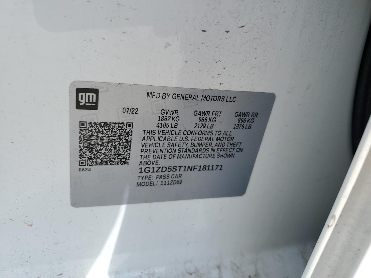 2022 Chevrolet Malibu Lt VIN: 1G1ZD5ST1NF181171 Lot: 62186825