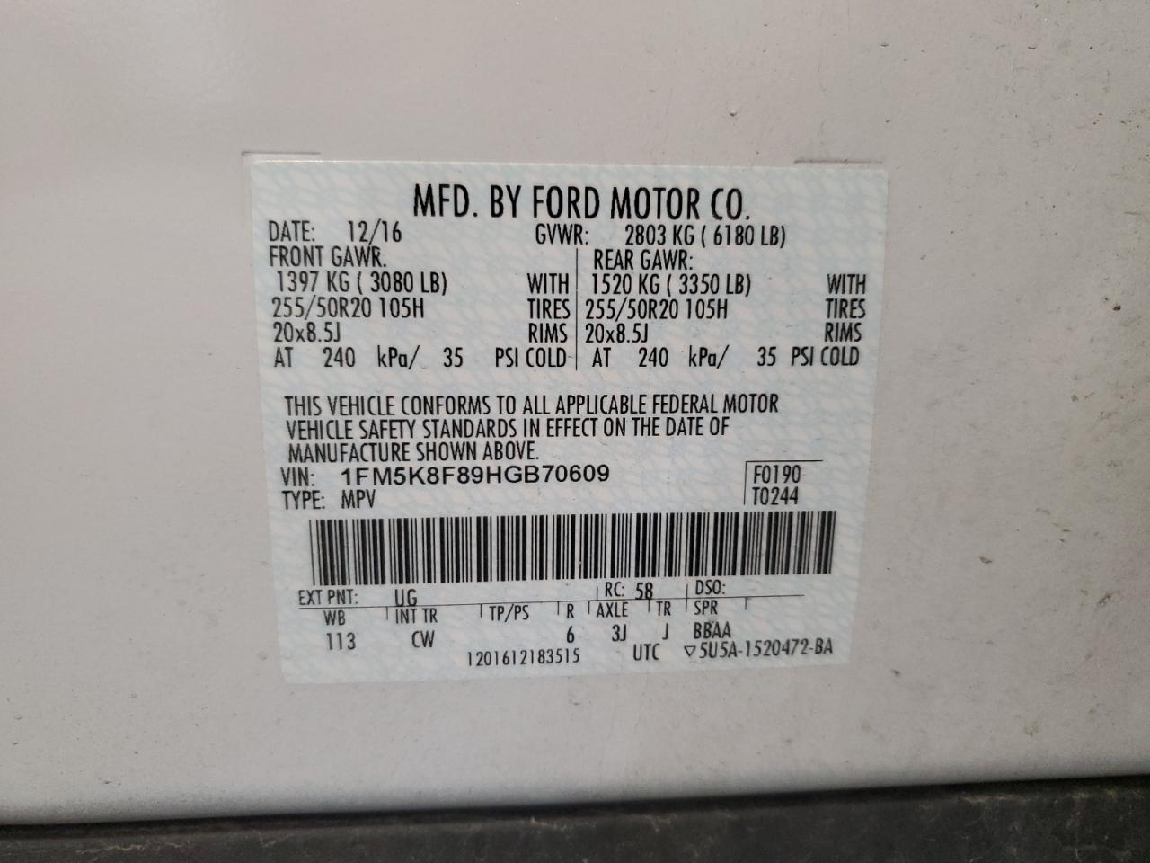 1FM5K8F89HGB70609 FORD EXPLORER 2017