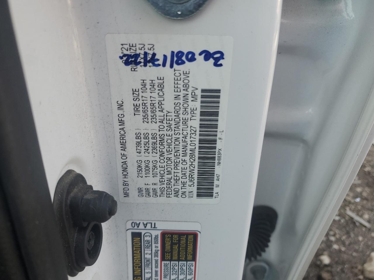 2021 Honda Cr-V Lx VIN: 5J6RW2H28ML017327 Lot: 60260165