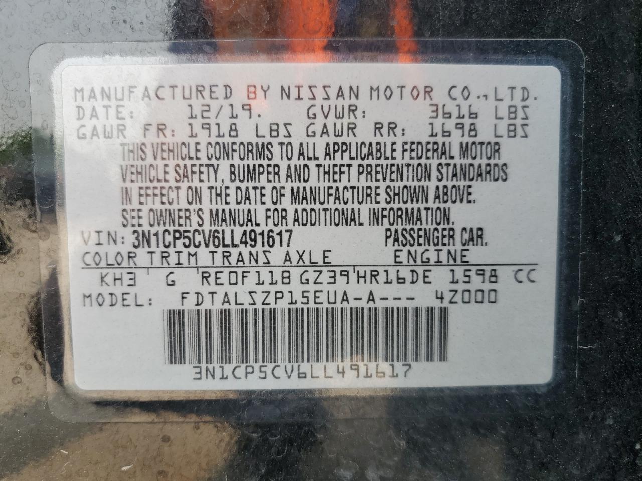 2020 Nissan Kicks Sv VIN: 3N1CP5CV6LL491617 Lot: 59167785