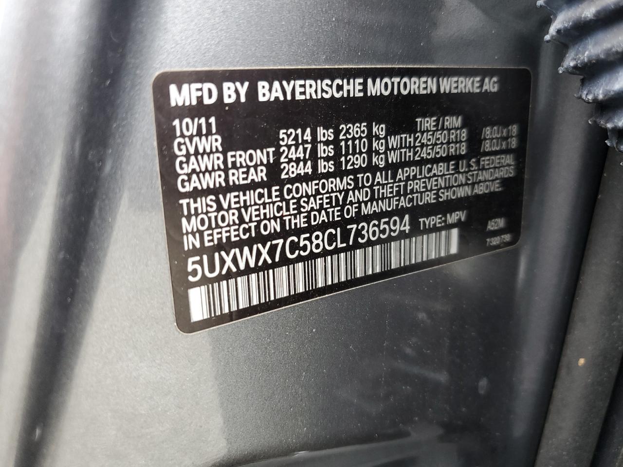 2012 BMW X3 xDrive35I VIN: 5UXWX7C58CL736594 Lot: 60265715
