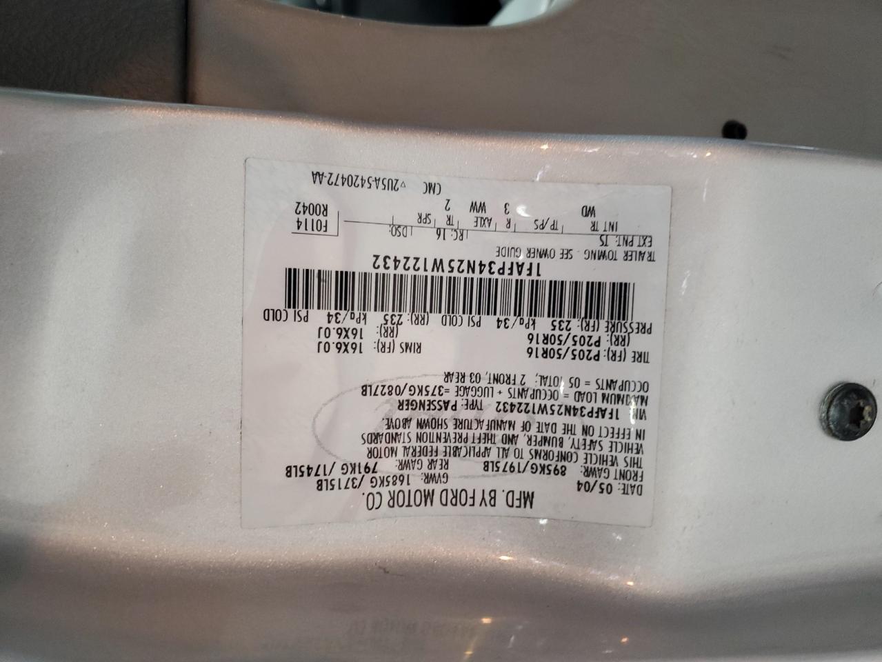 2005 Ford Focus Zx4 VIN: 1FAFP34N25W122432 Lot: 60869335