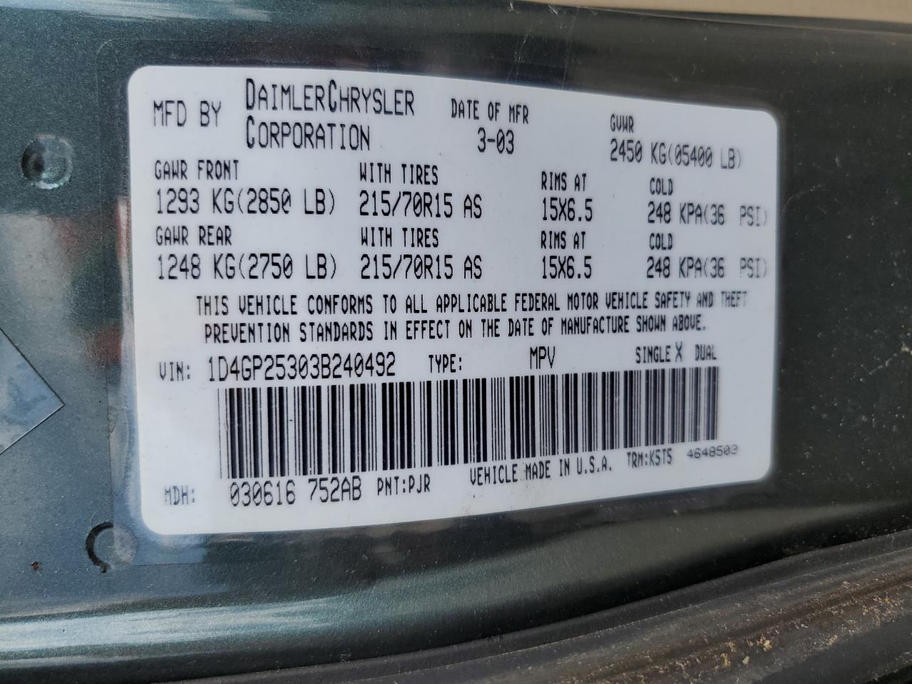 2003 Dodge Caravan Se VIN: 1D4GP25303B240492 Lot: 59429185