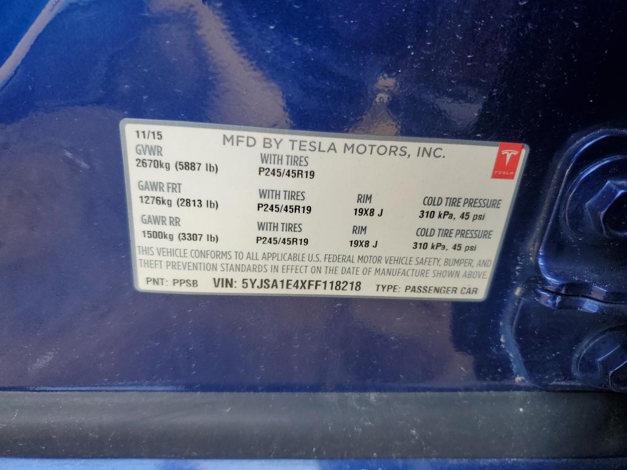 2015 Tesla Model S VIN: 5YJSA1E4XFF118218 Lot: 62468865