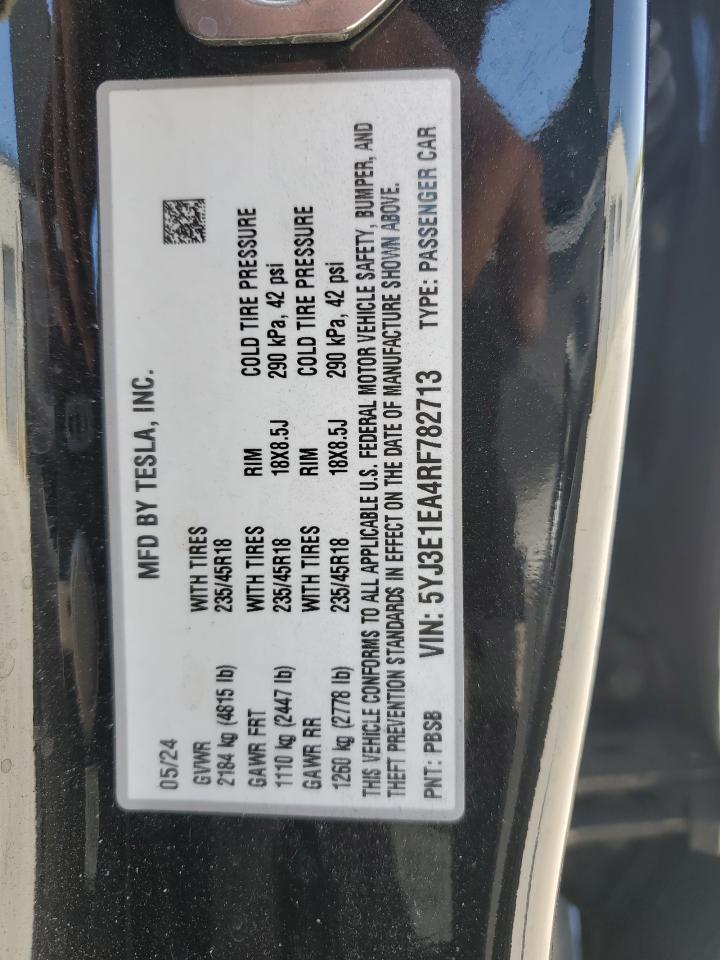 2024 Tesla Model 3 VIN: 5YJ3E1EA4RF782713 Lot: 60738885