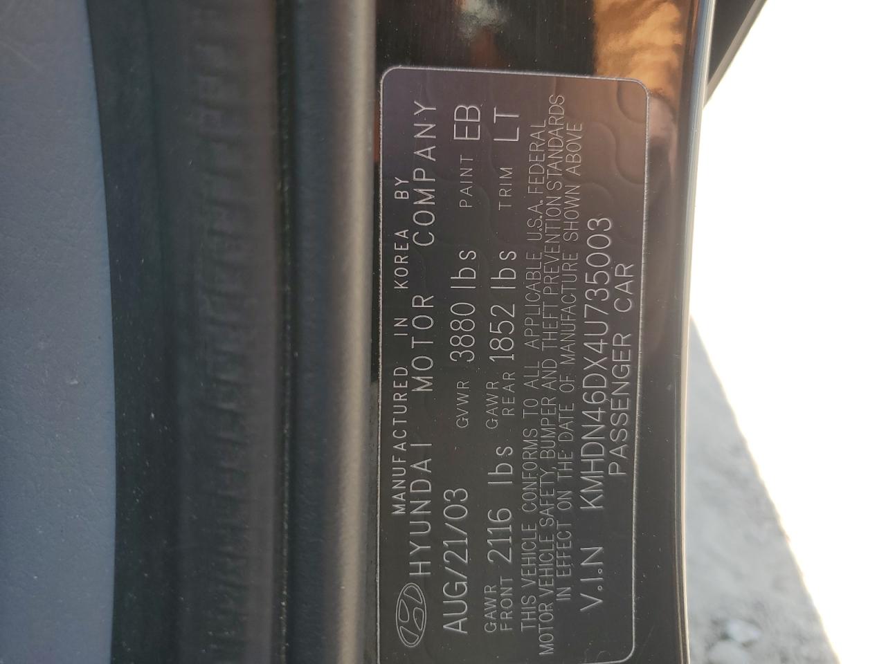 2004 Hyundai Elantra Gls VIN: KMHDN46DX4U735003 Lot: 62307485