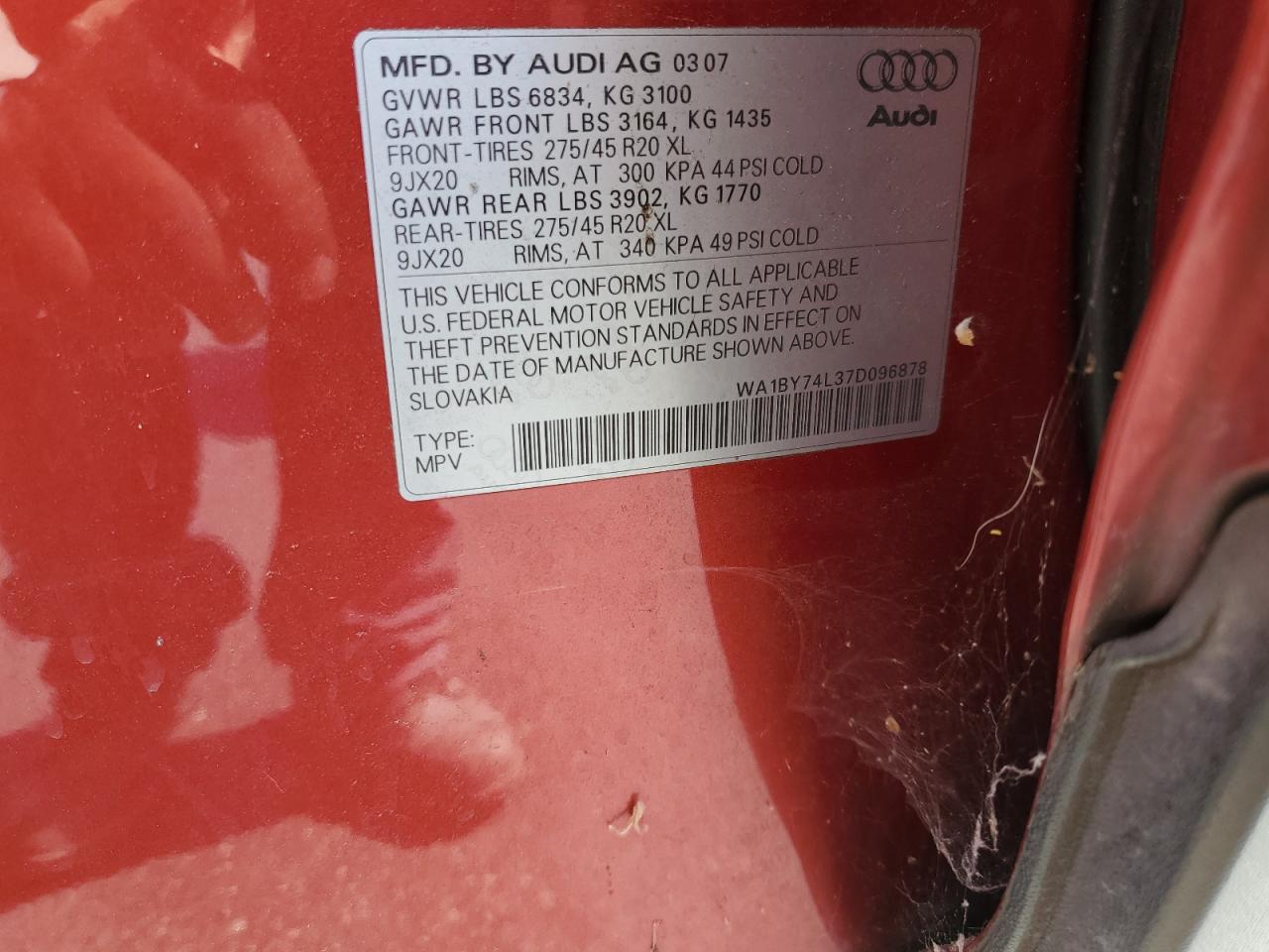 2007 Audi Q7 3.6 Quattro Premium VIN: WA1BY74L37D096878 Lot: 62422935