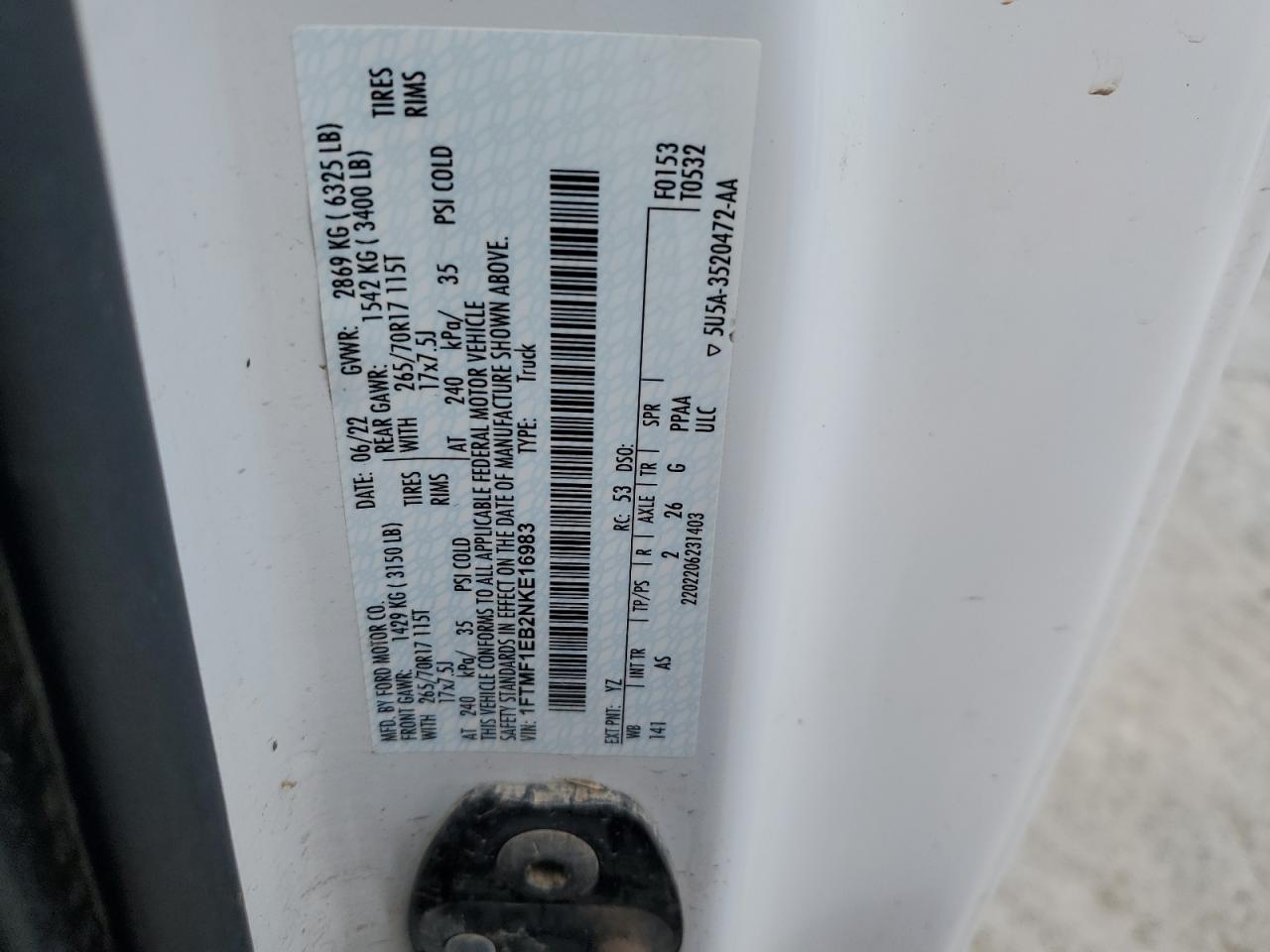 2022 Ford F150 VIN: 1FTMF1EB2NKE16983 Lot: 60933255
