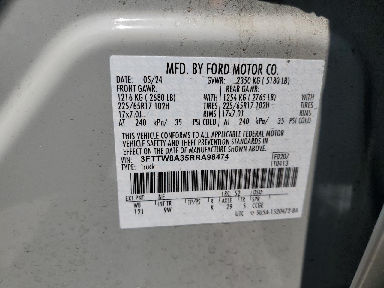2024 Ford Maverick Xl VIN: 3FTTW8A35RRA98474 Lot: 59959675
