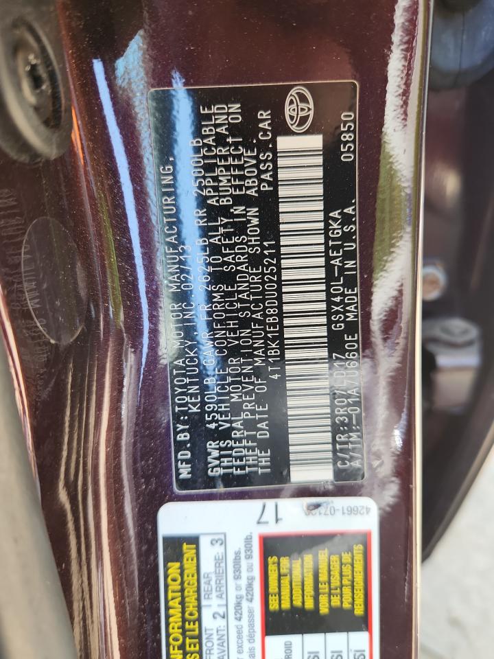 2013 Toyota Avalon Base VIN: 4T1BK1EB8DU025211 Lot: 62027495