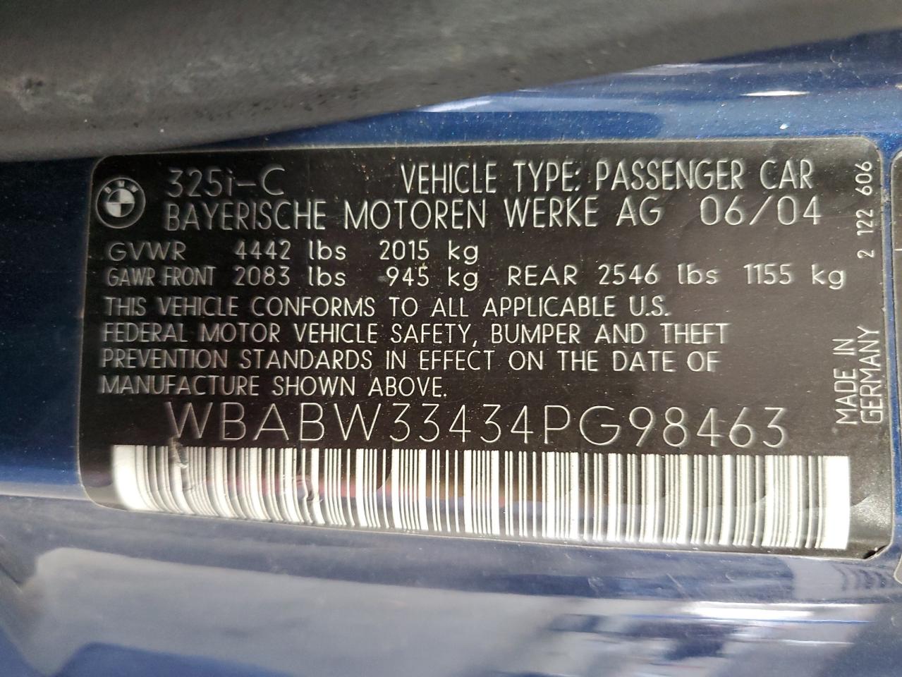 2004 BMW 325 Ci VIN: WBABW33434PG98463 Lot: 59788285