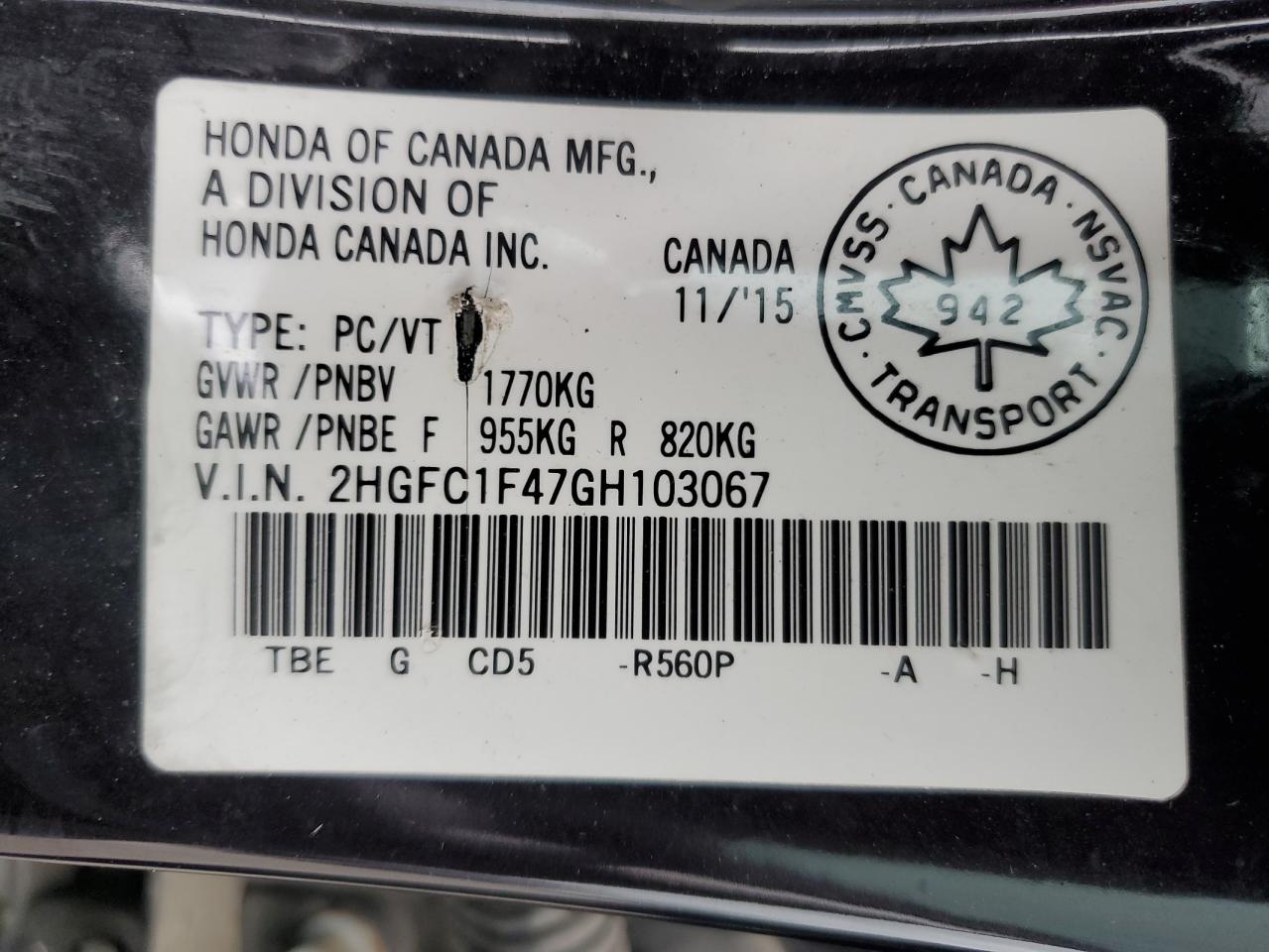 2HGFC1F47GH103067 HONDA CIVIC 2016