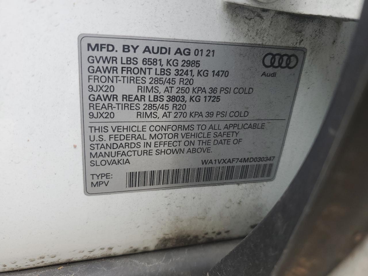 2021 Audi Q7 Prestige VIN: WA1VXAF74MD030347 Lot: 62057825