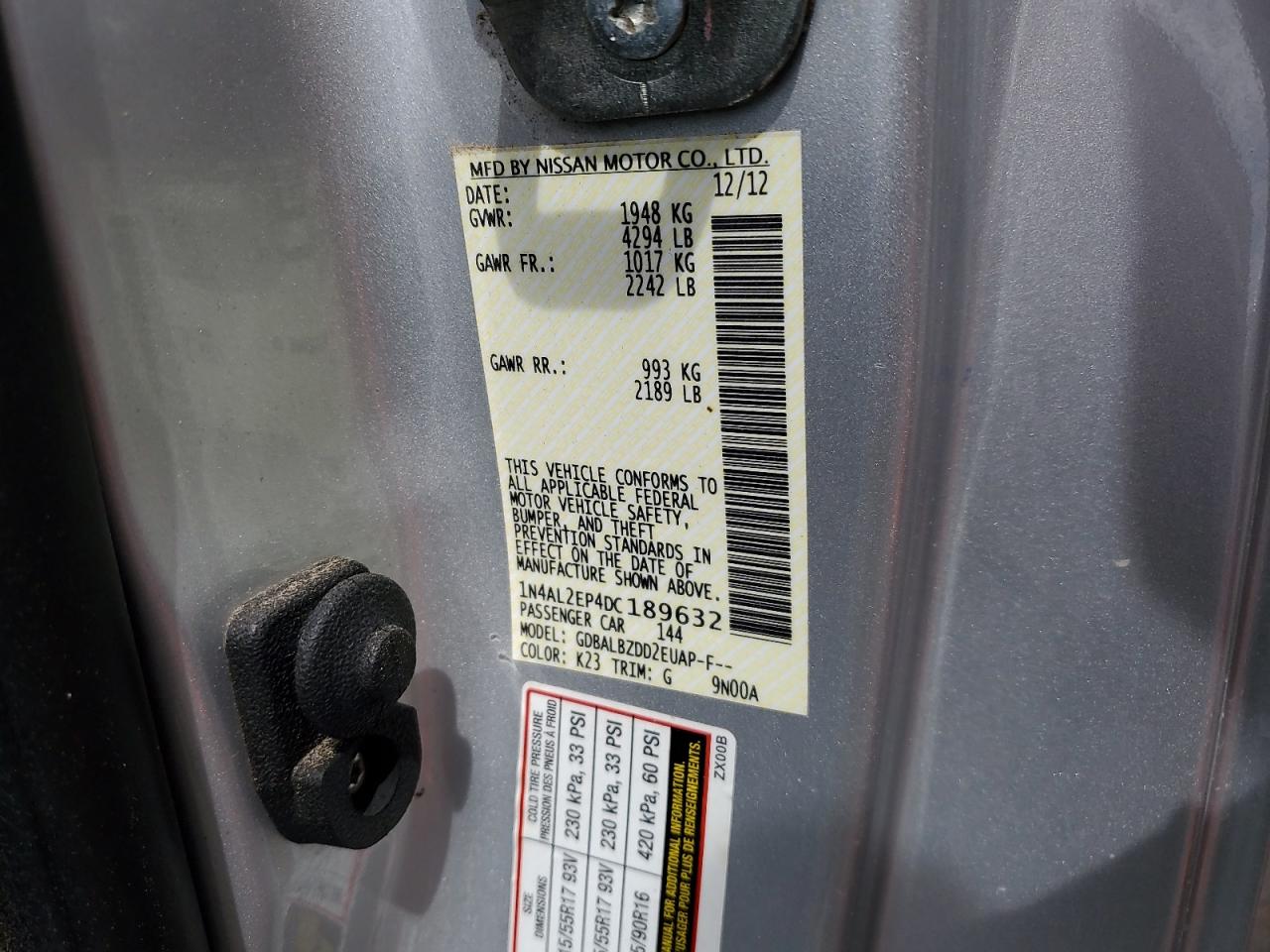 2013 Nissan Altima S VIN: 1N4AL2EP4DC189632 Lot: 62600945