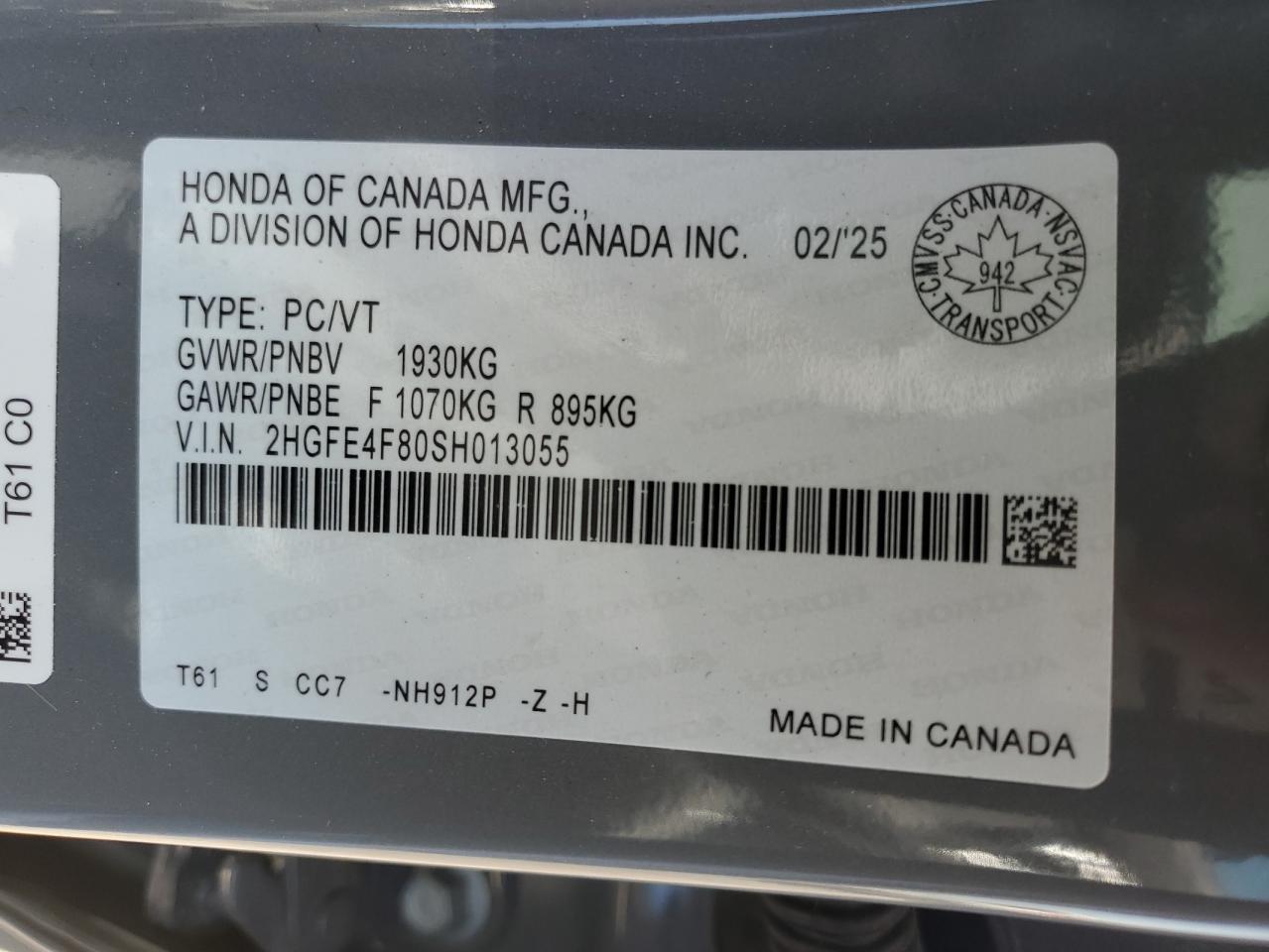 2025 Honda Civic Sport VIN: 2HGFE4F80SH013055 Lot: 61261015