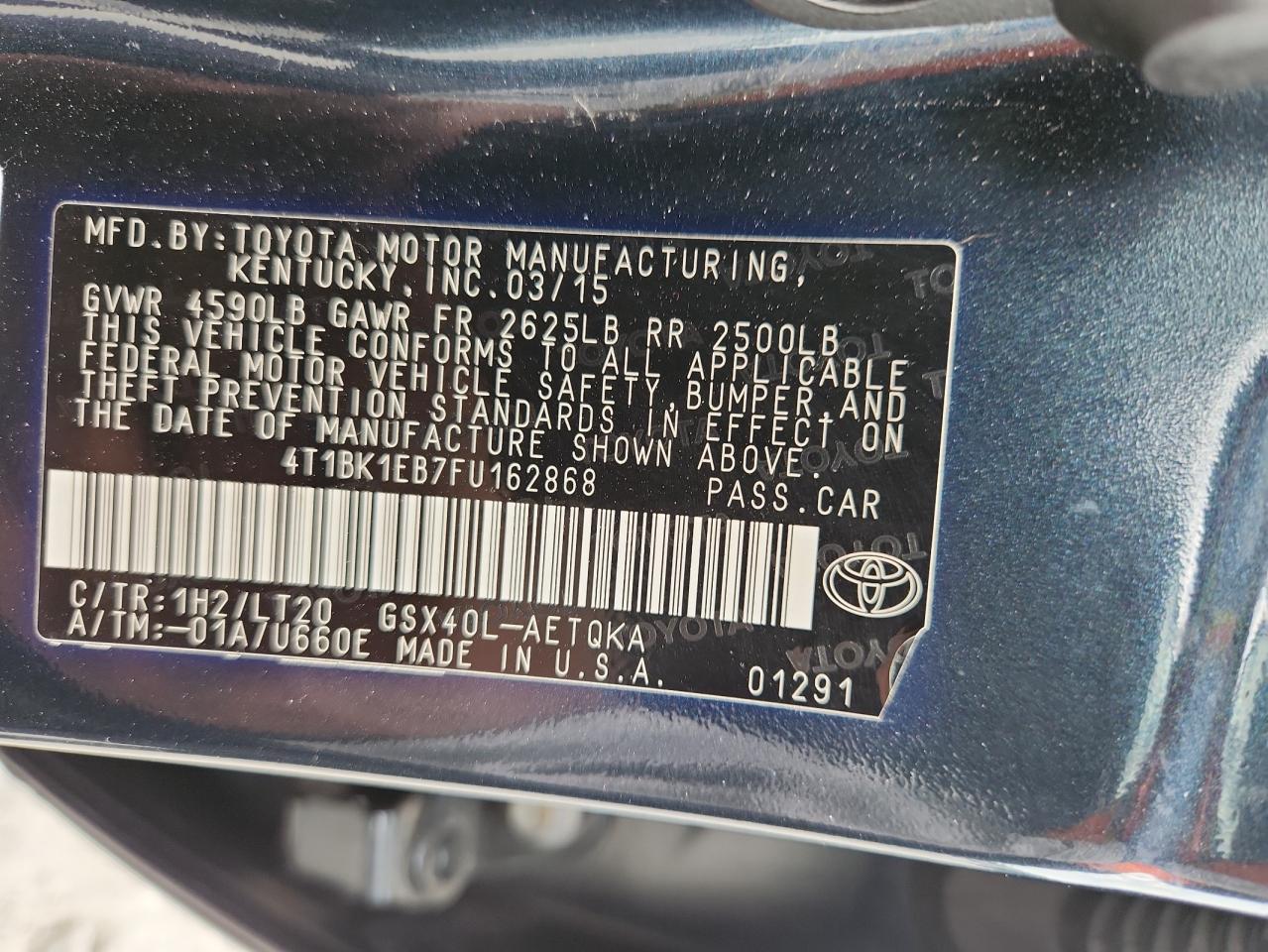 2015 Toyota Avalon Xle VIN: 4T1BK1EB7FU162868 Lot: 62597295