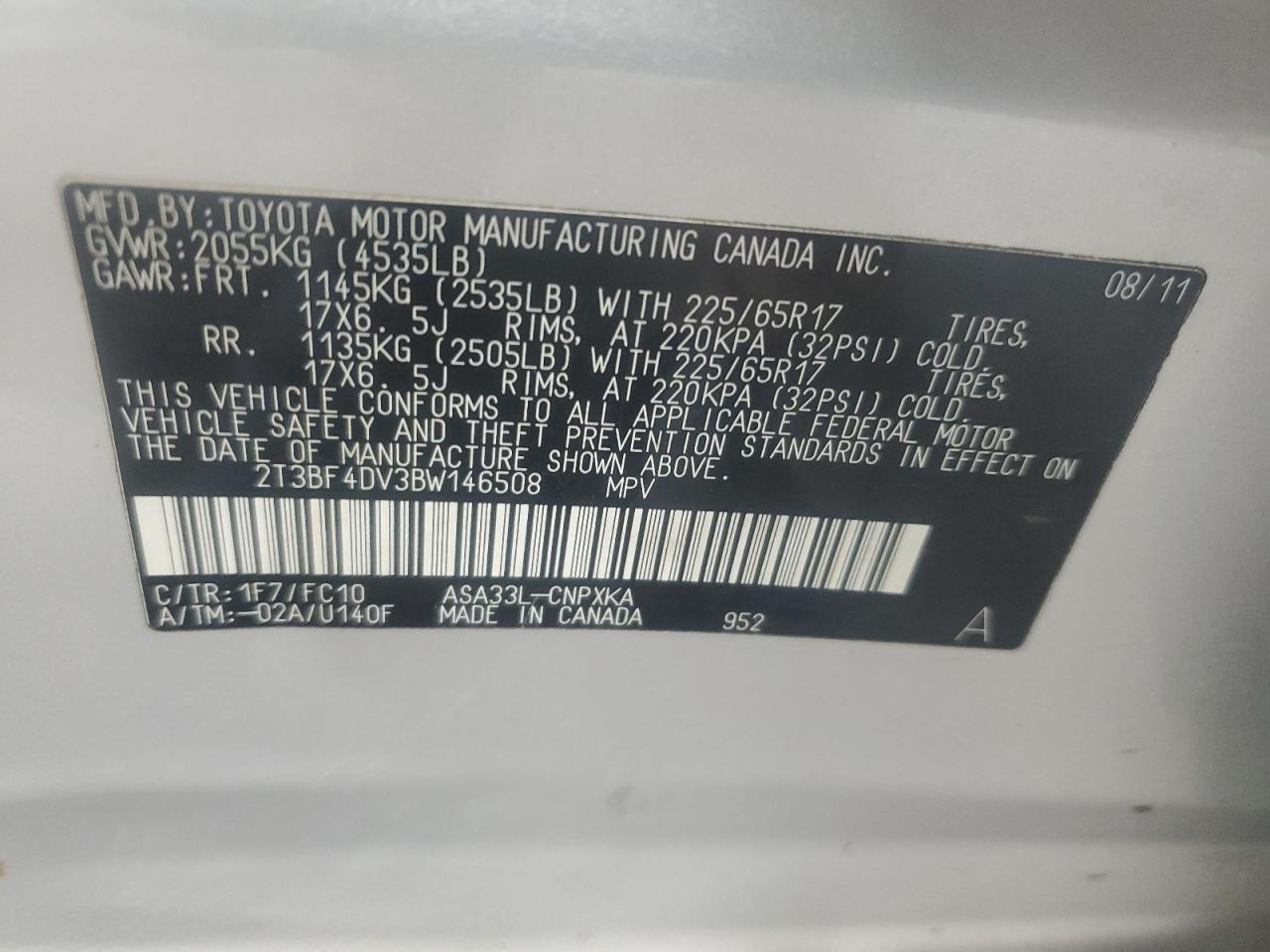 2011 Toyota Rav4 VIN: 2T3BF4DV3BW146508 Lot: 59584365