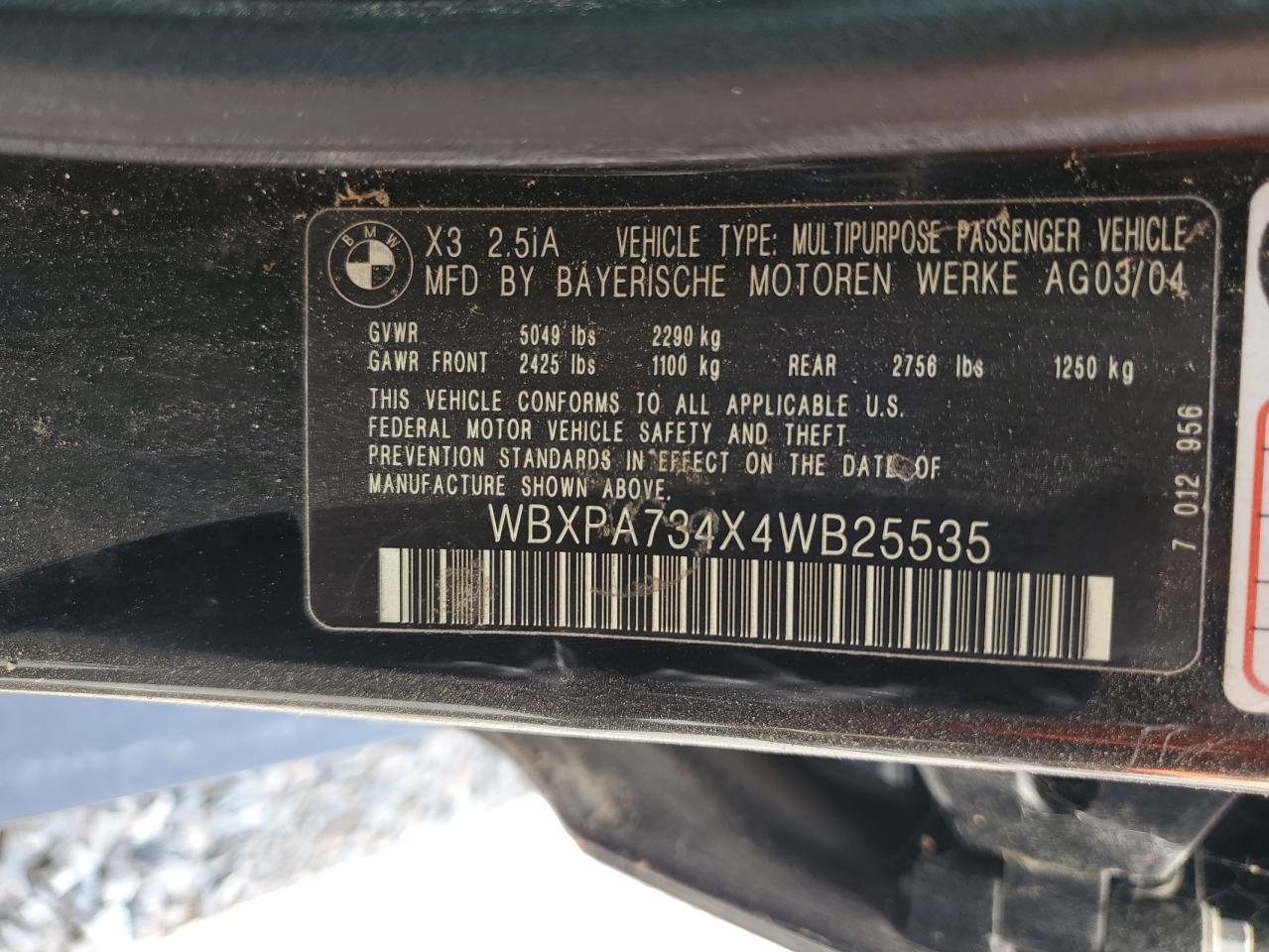 2004 BMW X3 2.5I VIN: WBXPA734X4WB25535 Lot: 62646605