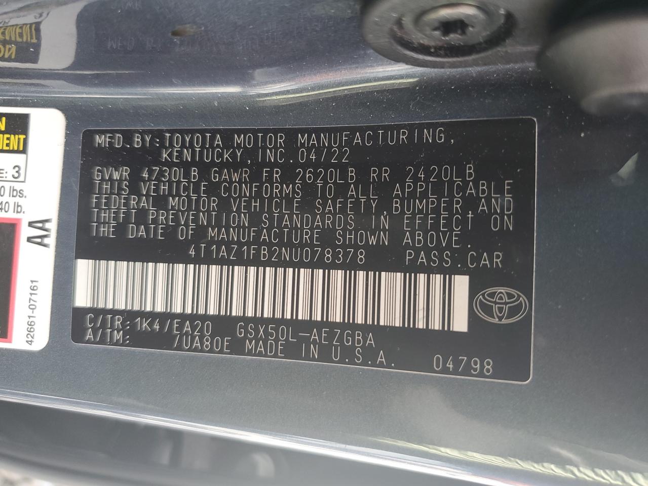 2022 Toyota Avalon Xle VIN: 4T1AZ1FB2NU078378 Lot: 60960315