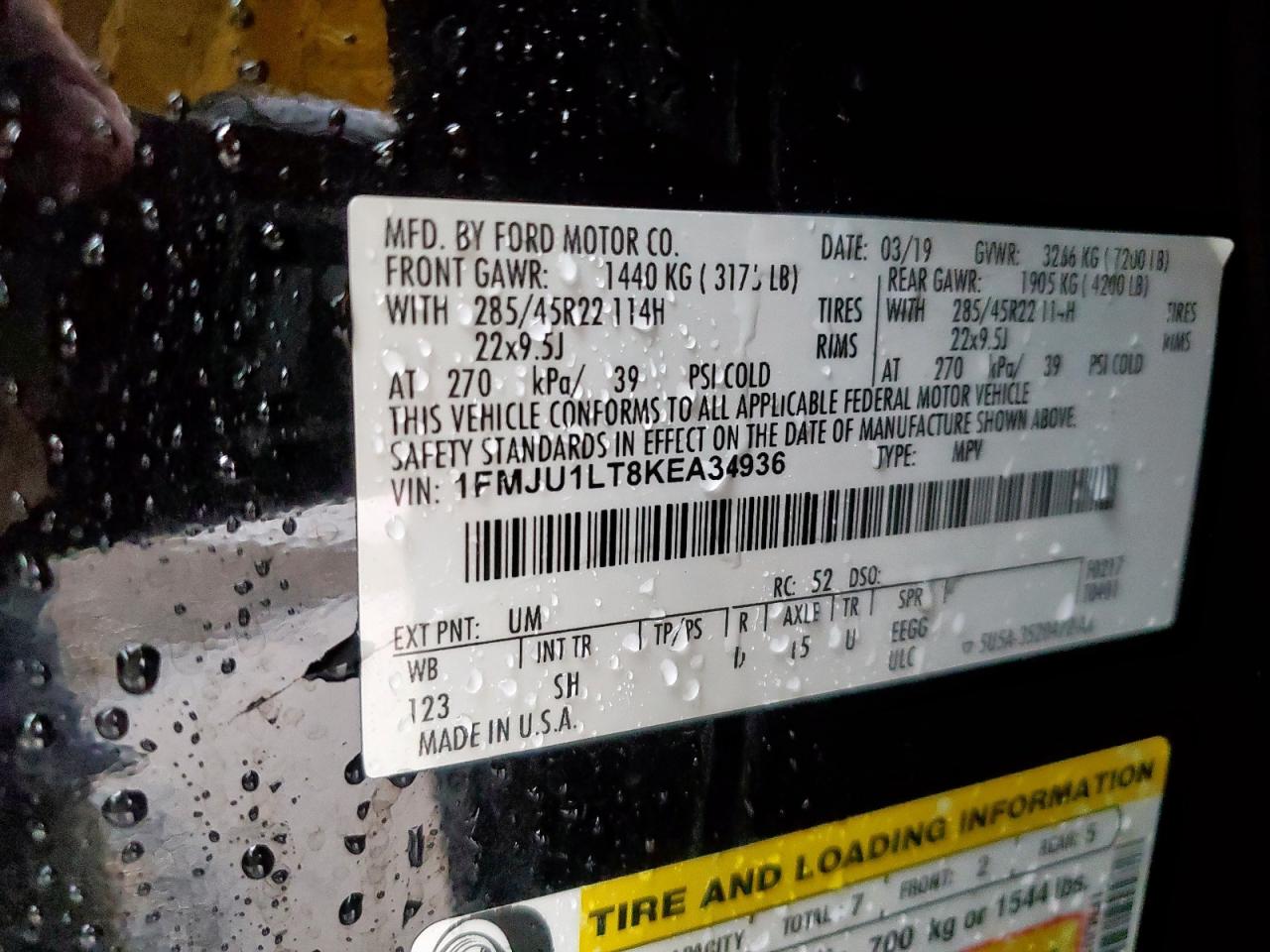 2019 Ford Expedition Platinum VIN: 1FMJU1LT8KEA34936 Lot: 60715485