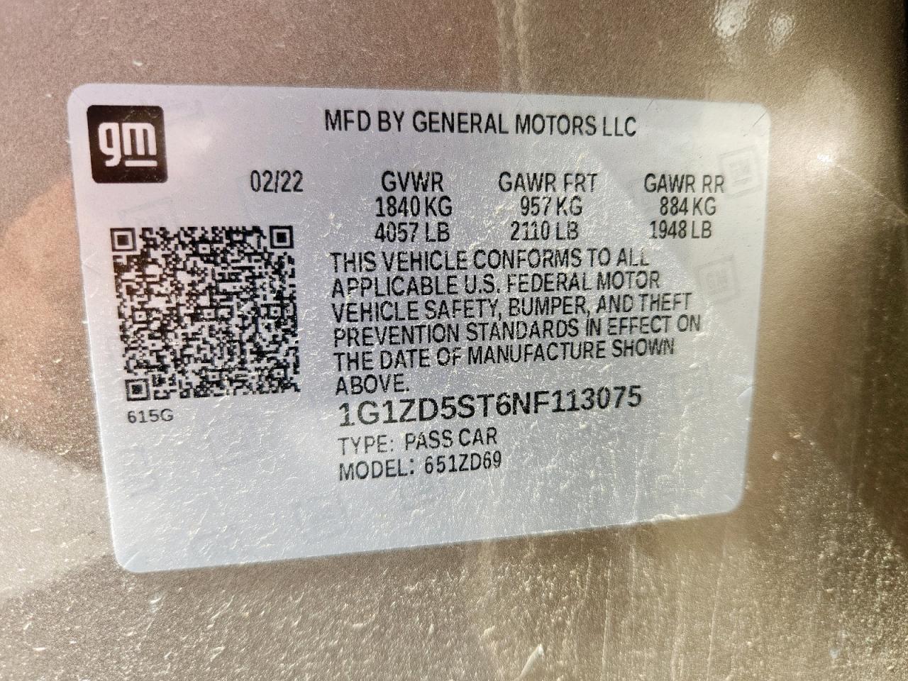 2022 Chevrolet Malibu Lt VIN: 1G1ZD5ST6NF113075 Lot: 62907025