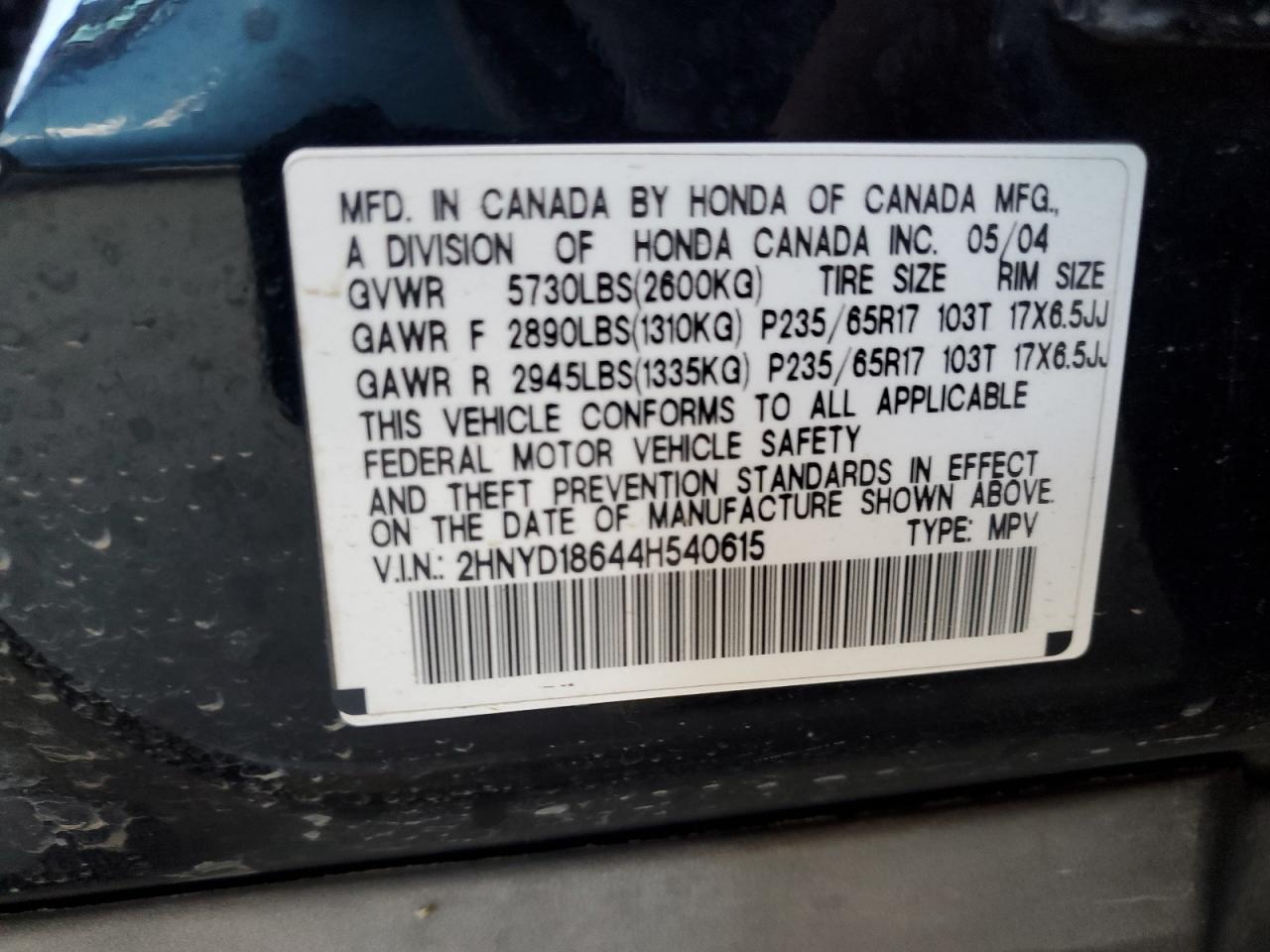 2004 Acura Mdx Touring VIN: 2HNYD18644H540615 Lot: 62942525