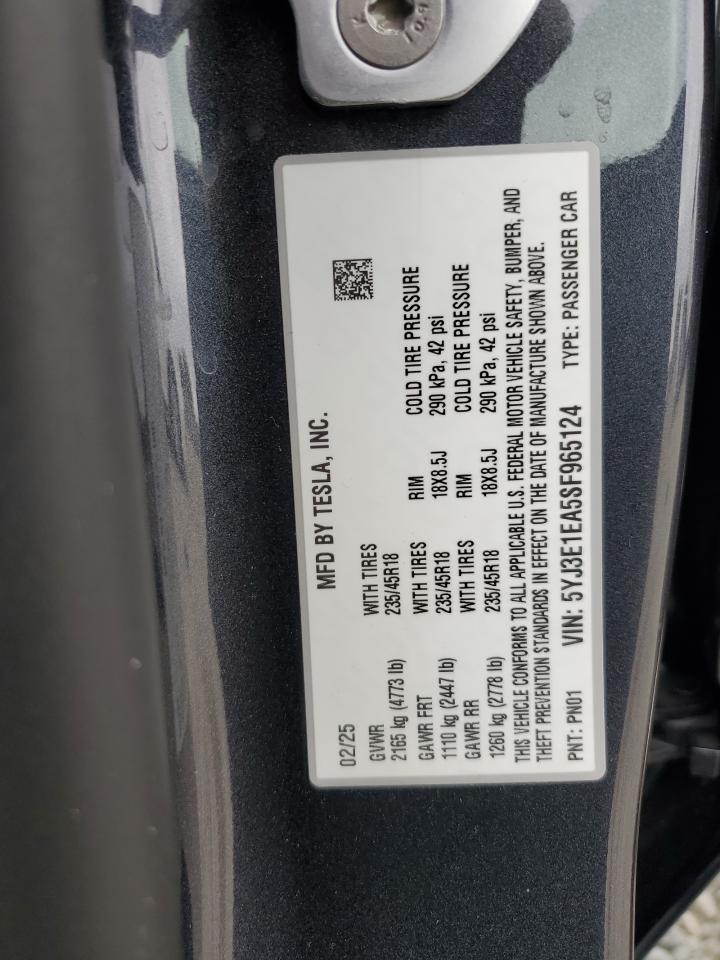2025 Tesla Model 3 VIN: 5YJ3E1EA5SF965124 Lot: 61922755
