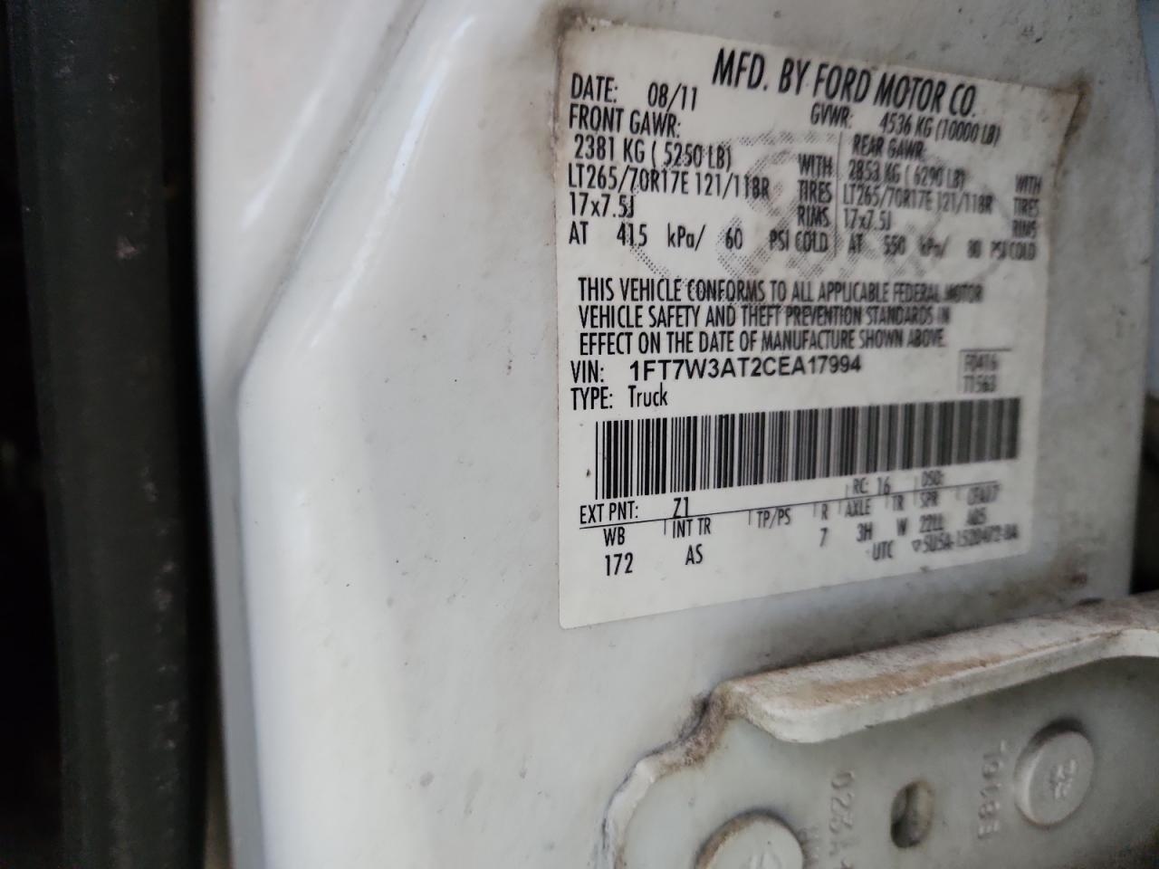 2012 Ford F350 Super Duty VIN: 1FT7W3AT2CEA17994 Lot: 63097775