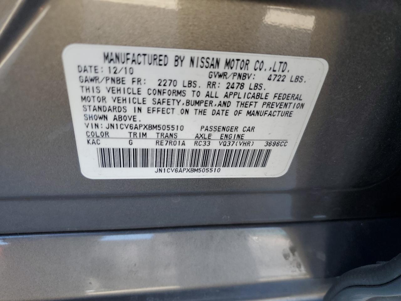 2011 Infiniti G37 Base VIN: JN1CV6APXBM505510 Lot: 62717035