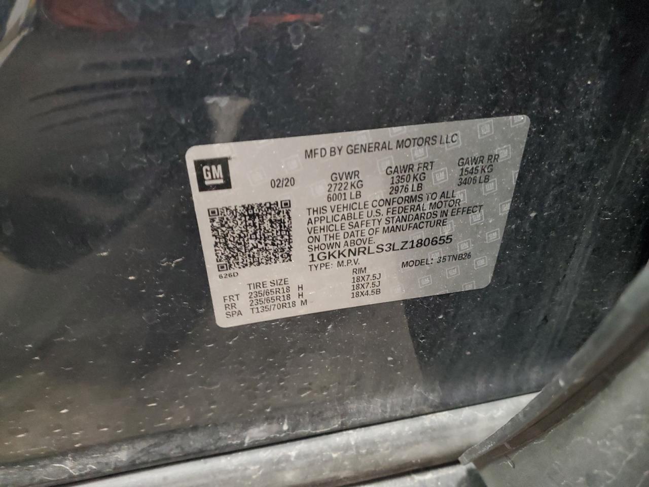 2020 GMC Acadia Sle VIN: 1GKKNRLS3LZ180655 Lot: 62153885