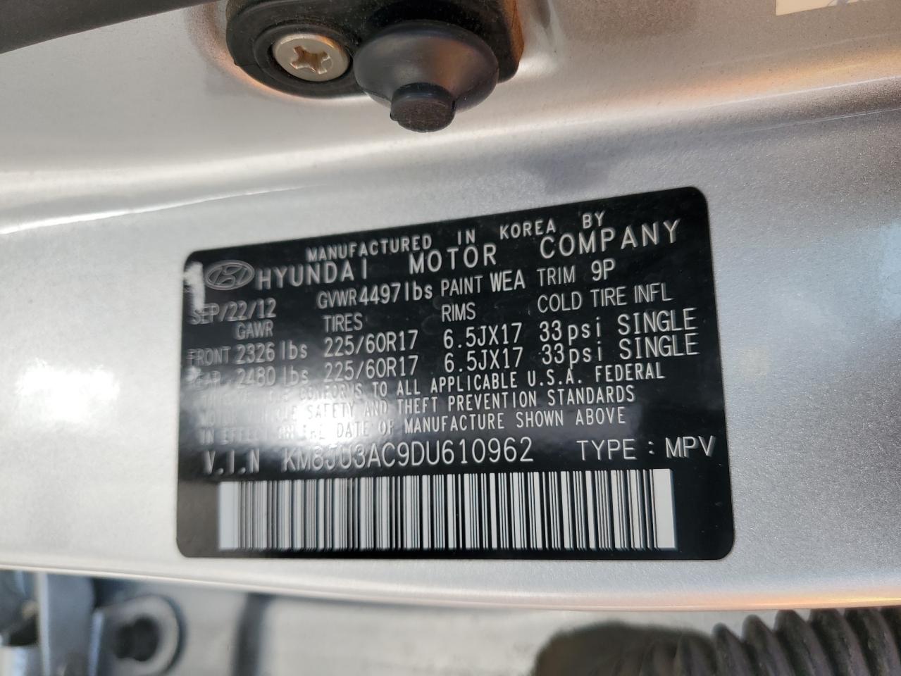 2013 Hyundai Tucson Gls VIN: KM8JU3AC9DU610962 Lot: 62604515